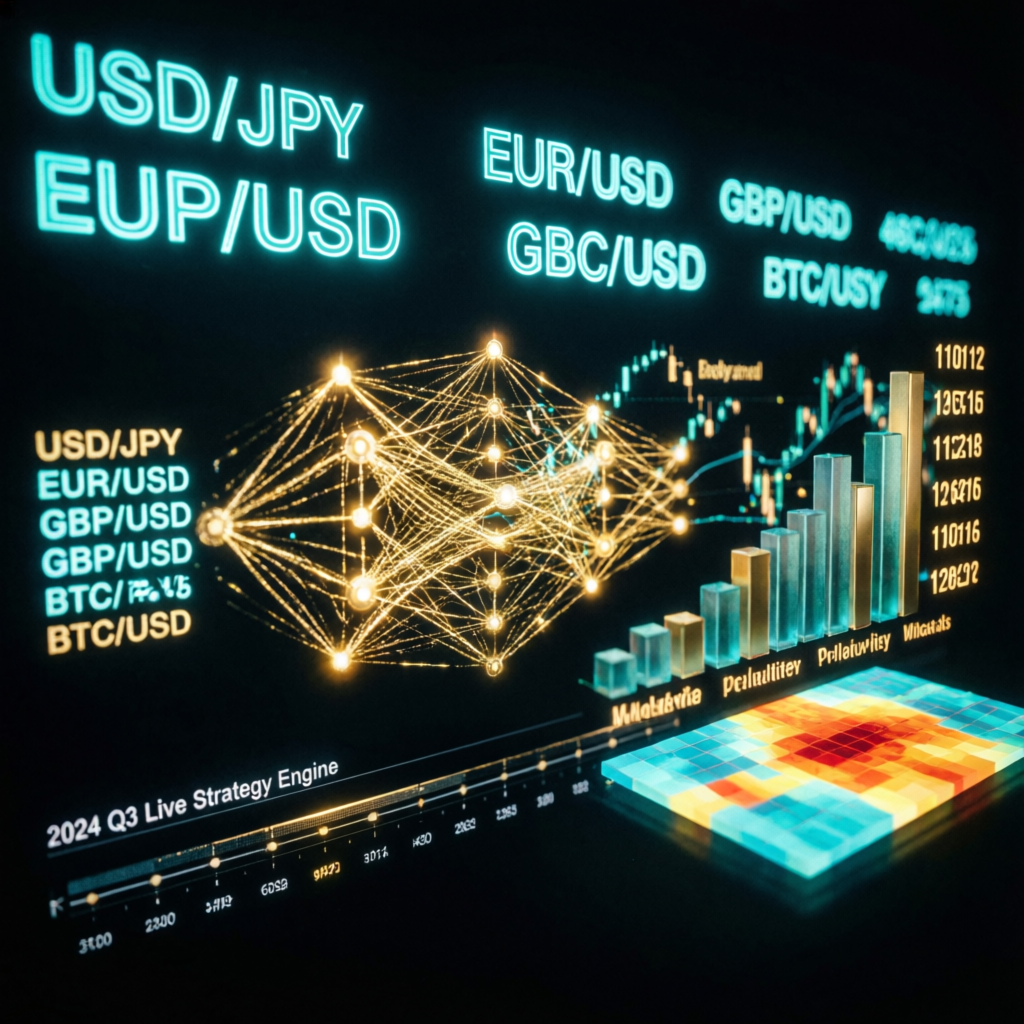 Futuristic trading strategy AI analysis screen with currency pairs