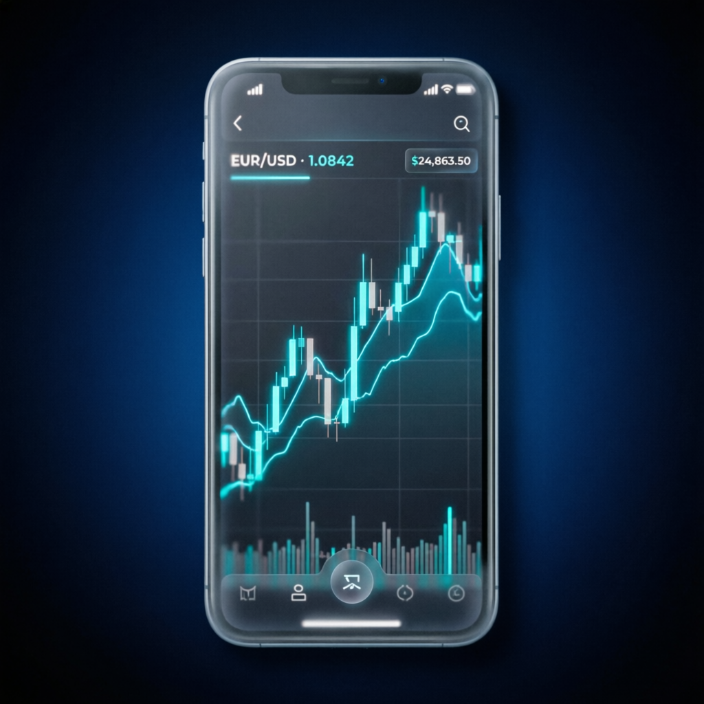 Mobile trading app interface showing forex charts