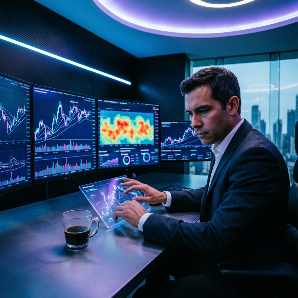 Professional forex trader analyzing multiple screens with AI trading algorithms