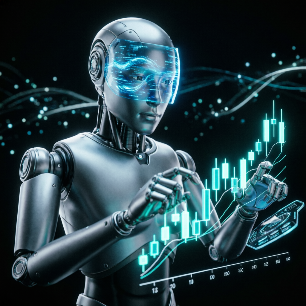 AI robot managing financial trading charts with holographic interface