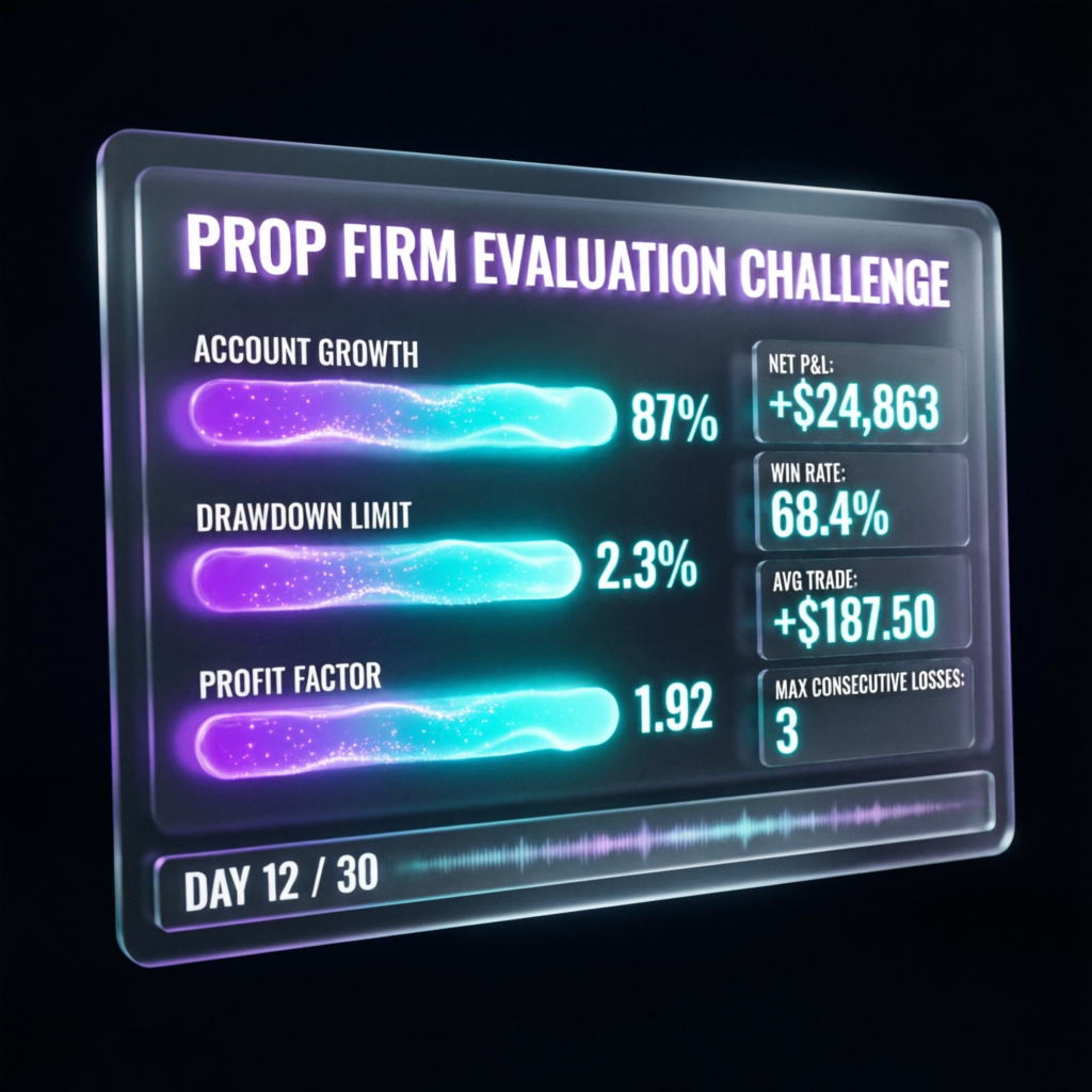 Prop firm evaluation challenge interface with progress metrics