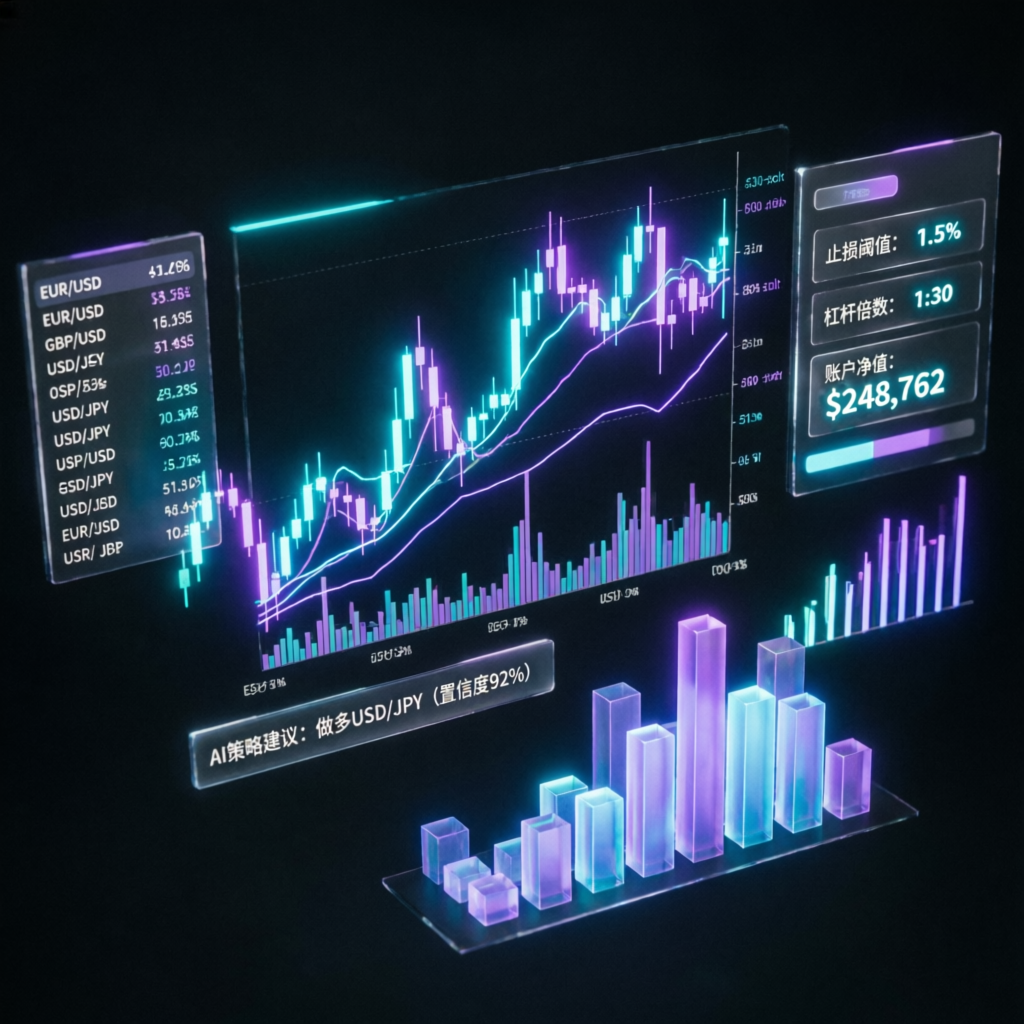 AI-powered trading dashboard with holographic financial charts