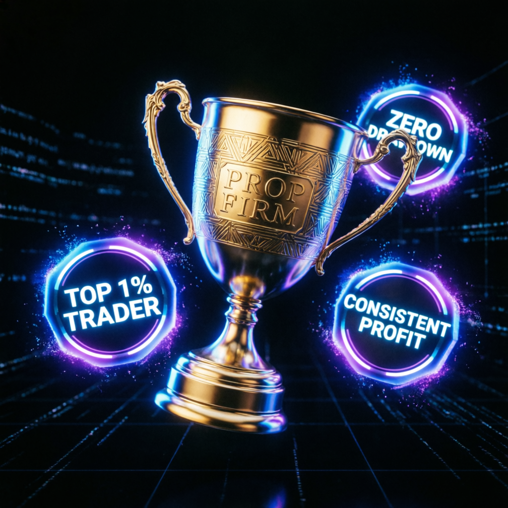 Premium gold trophy and success badges for prop firm achievement