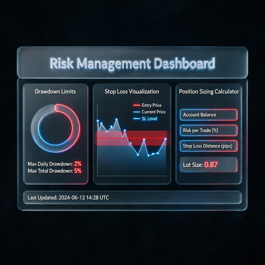 Risk management dashboard showing drawdown limits, stop loss visualization, and position sizing calculator