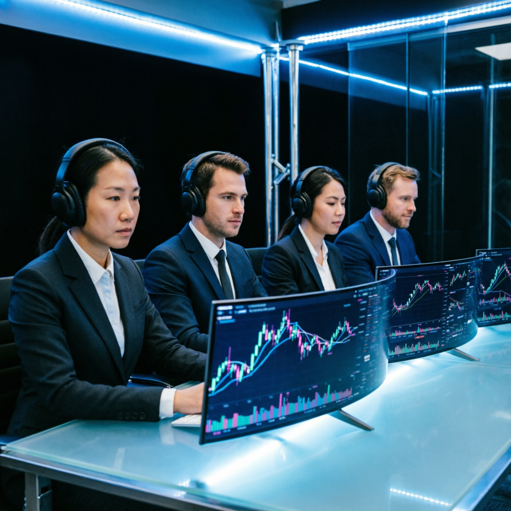 Professional trading support team with headsets monitoring live charts