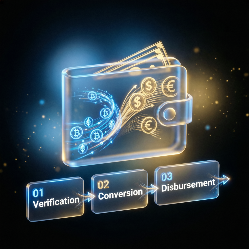 Premium payout process visualization showing verification, conversion, and disbursement steps