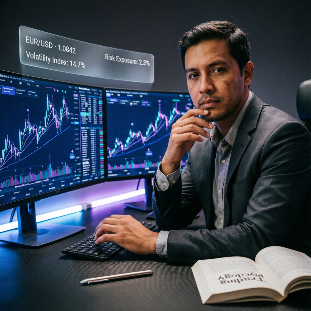 Professional trader analyzing EUR/USD charts with risk exposure metrics for Starter Plus Plan