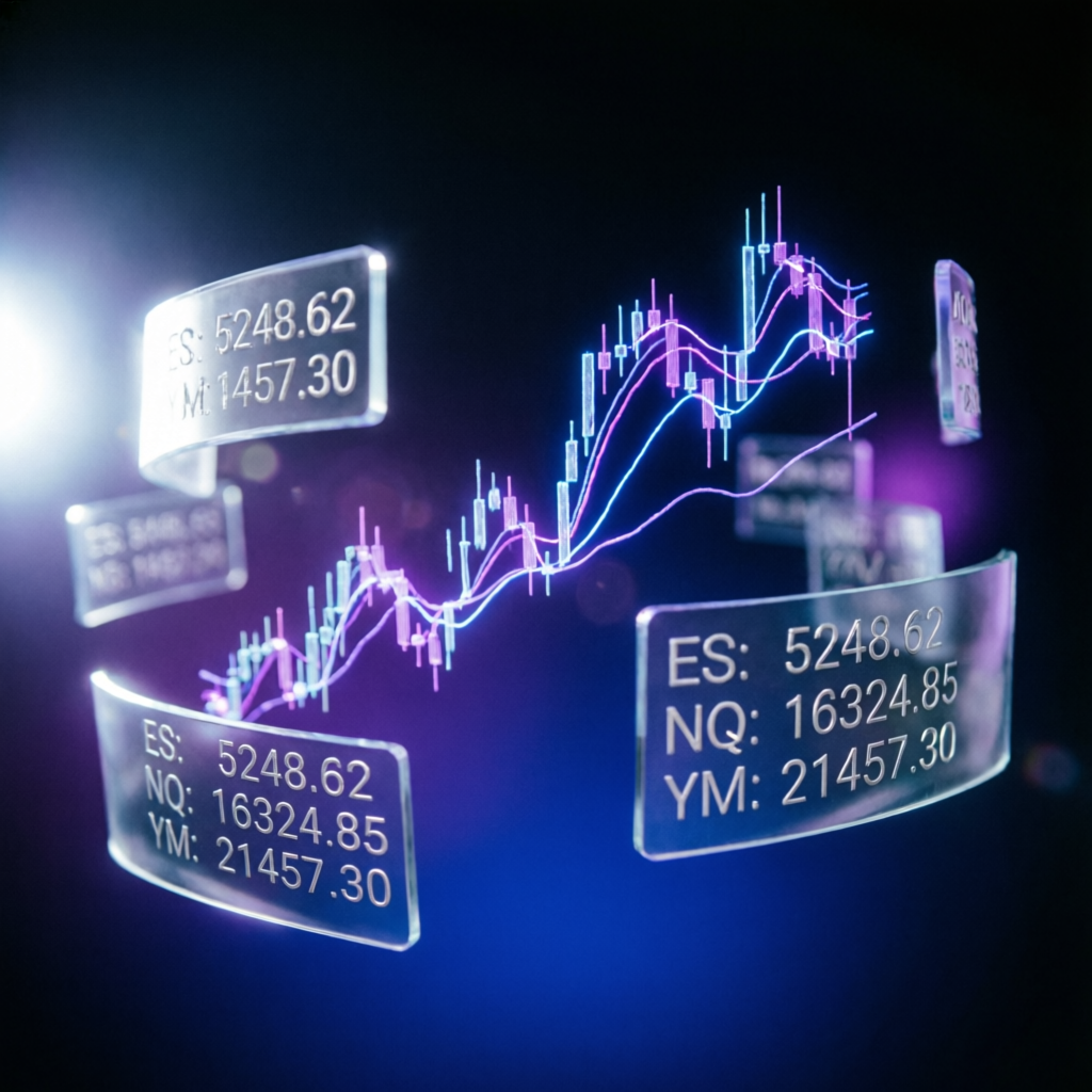 Futures trading charts showing ES NQ YM contracts with holographic glassmorphism interface