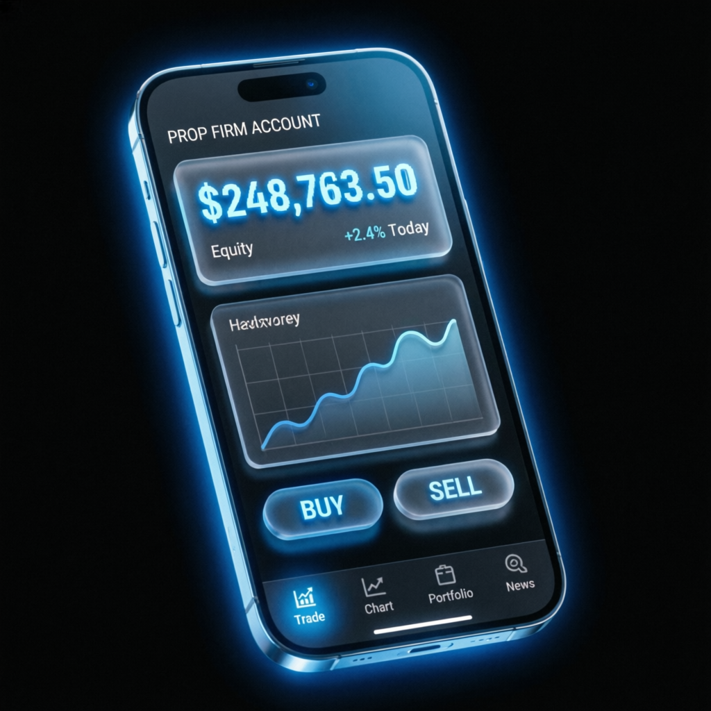 Mobile trading interface showing prop firm account with buy and sell buttons