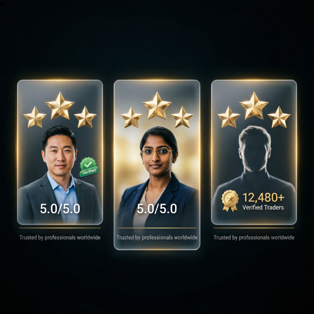 Success stories testimonial visualization with 5-star ratings and verified trader profiles