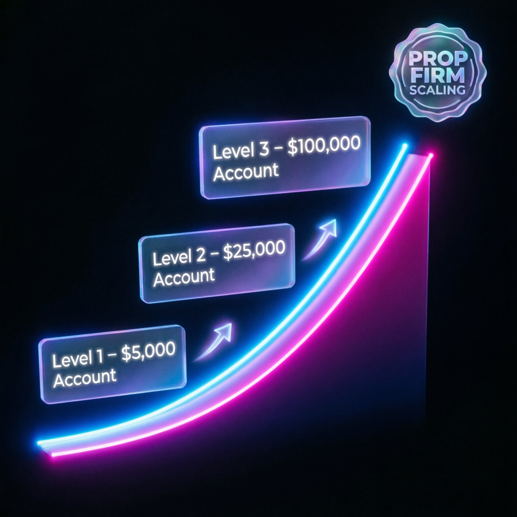 Prop firm scaling plan visualization showing account progression from $5,000 to $100,000