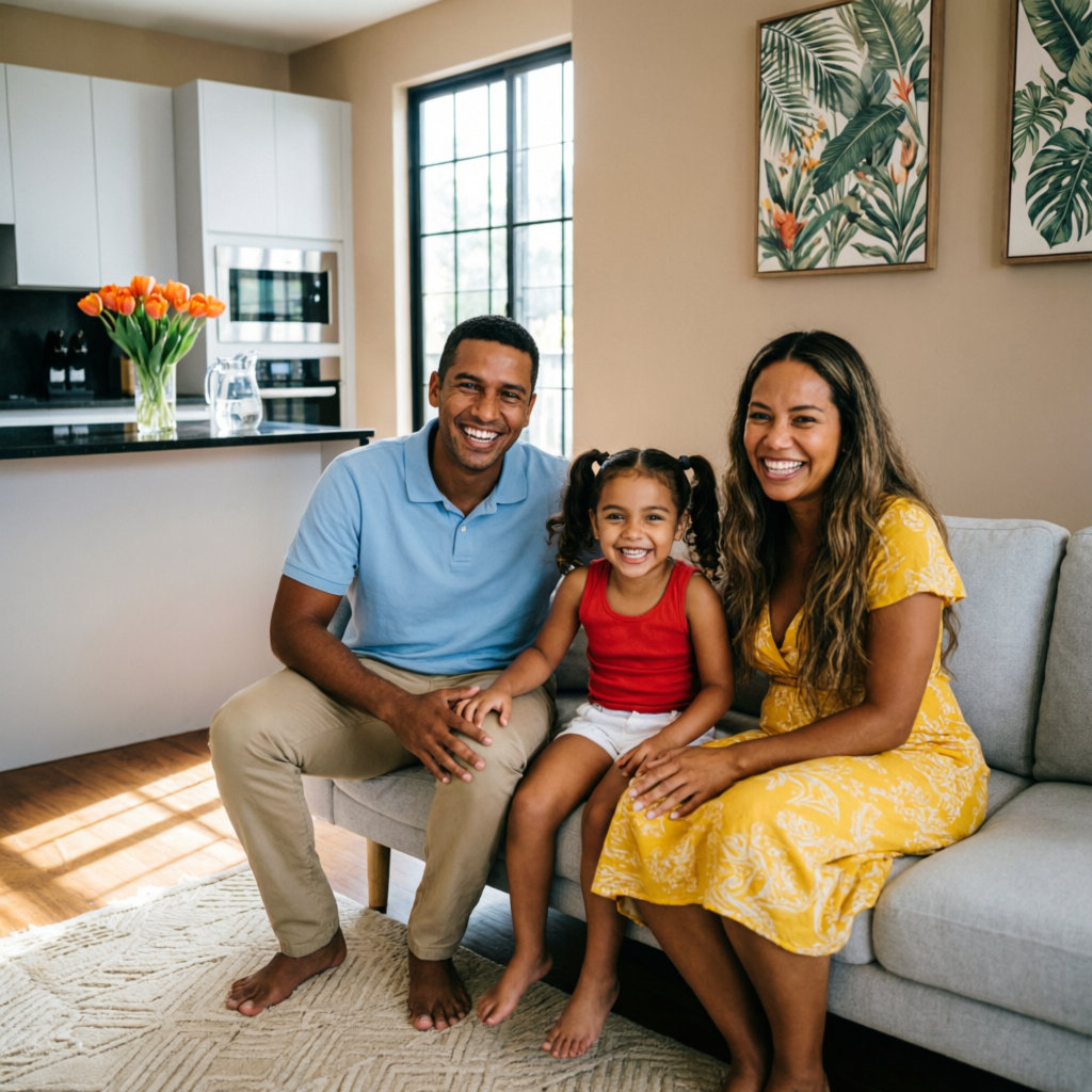 Família brasileira feliz em casa própria