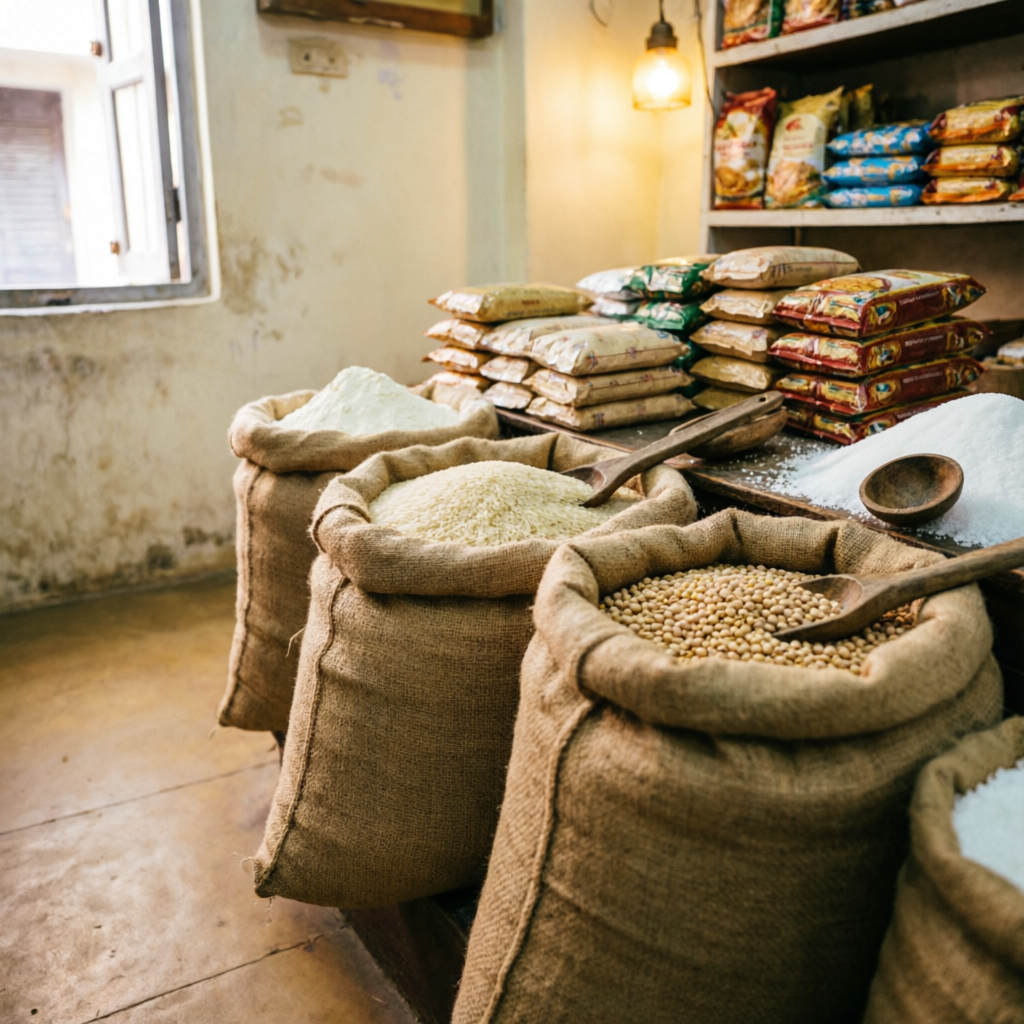 Open jute sacks of rice, lentils and grocery essentials at the kirana counter