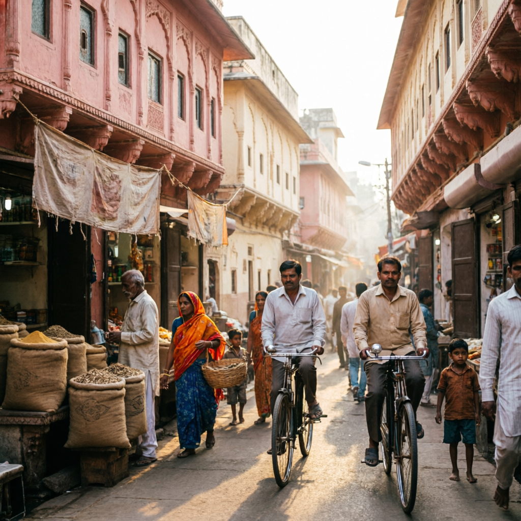 Historic Chandpole Bazar market lane with shops and a temple near Choti Chopad, Jaipur