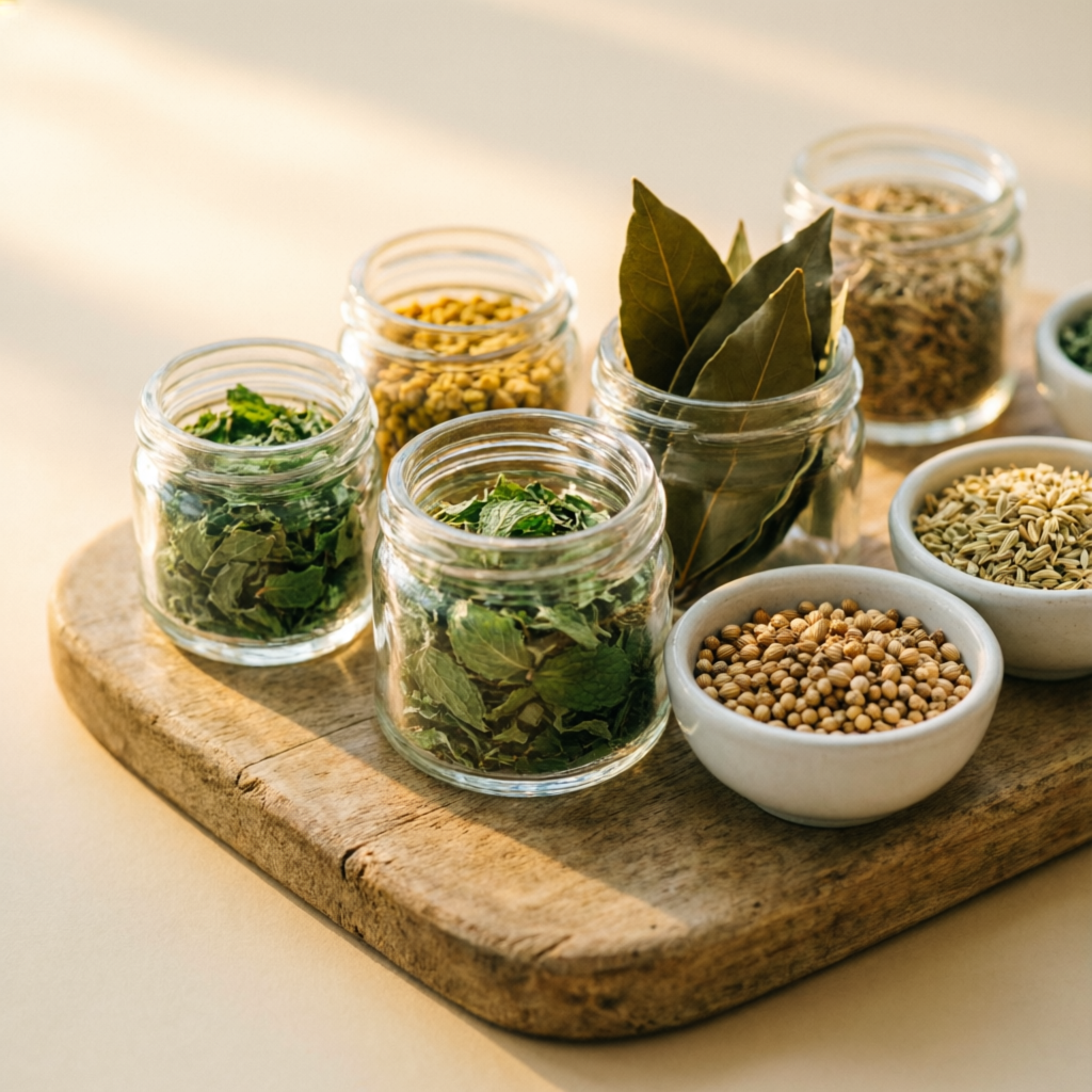 Dried culinary herbs stored in glass jars on a wooden serving tray
