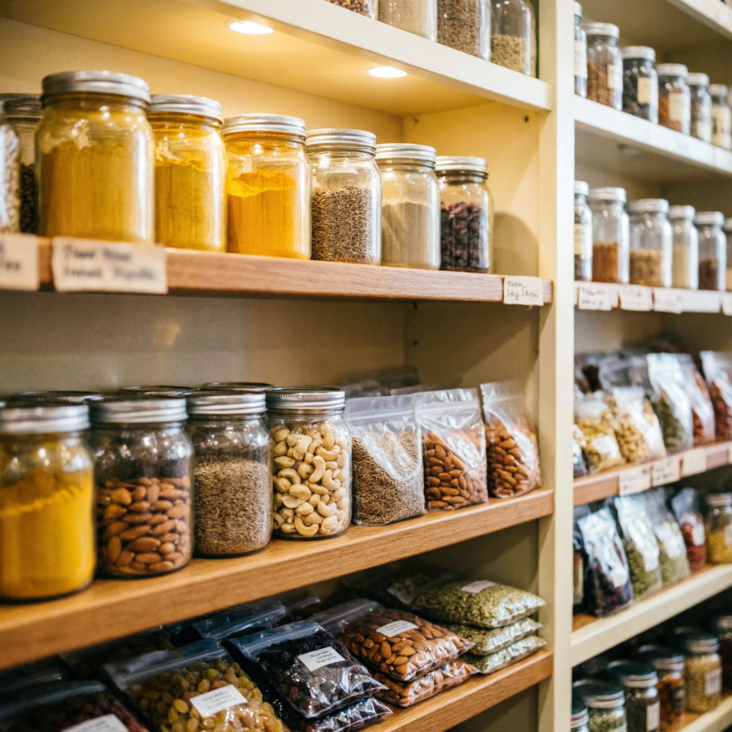 Neatly arranged glass jars and packaged products on the shelves inside the store