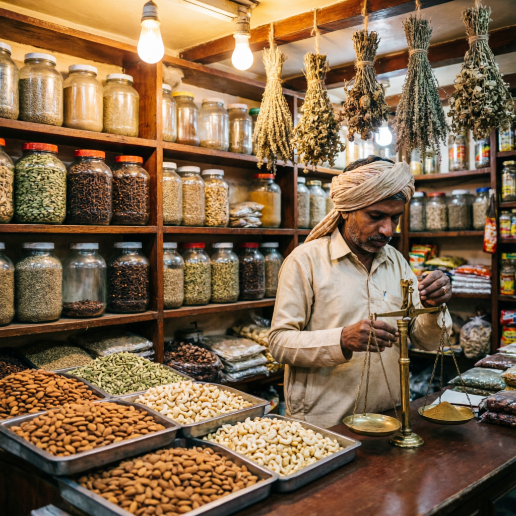 Shopkeeper weighing spices on a traditional brass scale inside Shree Navkar Impex grocery store, Jaipur