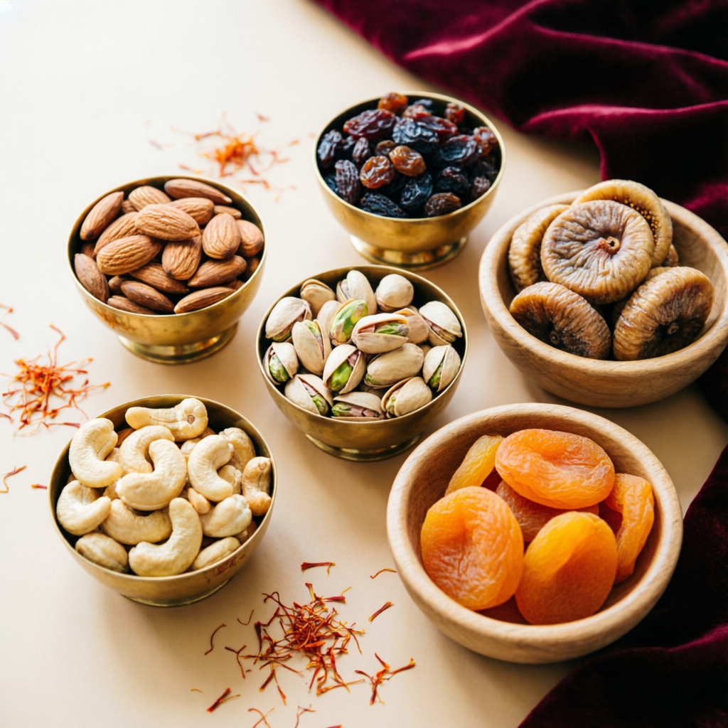 Assorted dry fruits — almonds, cashews, pistachios, raisins, figs and apricots in Jaipur