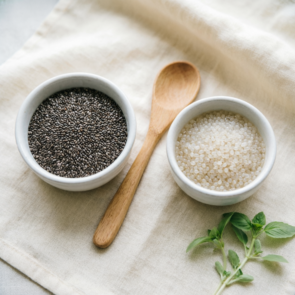 Chia seeds and sabja basil seeds in ceramic bowls with a wooden scoop