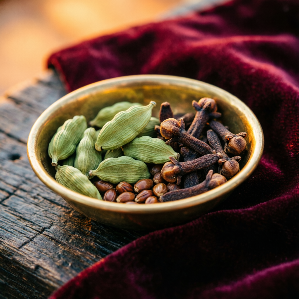Green cardamom pods and whole cloves in a brass bowl — spices available in Jaipur
