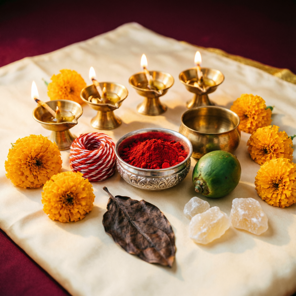 Pooja bidam items with clay diyas, kumkum and sacred thread on a brass plate