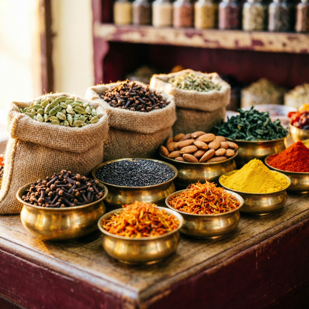 Brass bowls of spices, seeds, cardamom and dry fruits displayed on the store counter in Jaipur