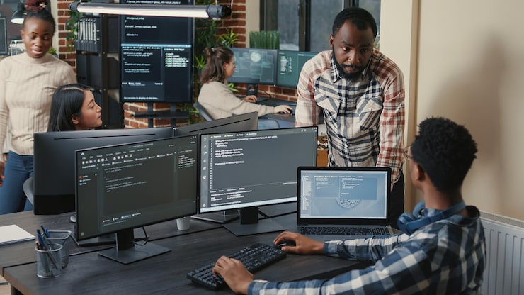 Nigerian software developers collaborating on code in the studio