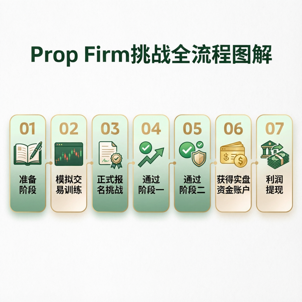 Step by step prop firm challenge process infographic