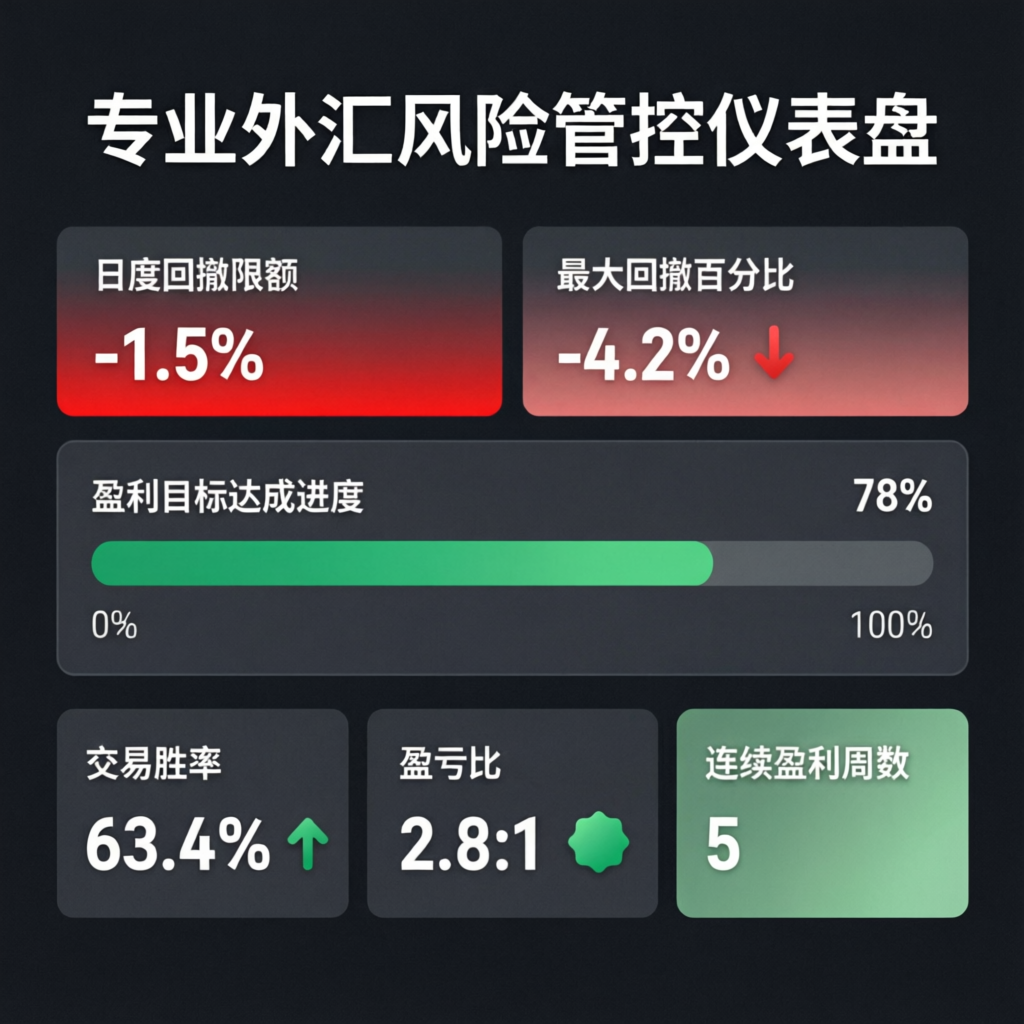 Professional forex risk management dashboard showing daily drawdown limits and profit target progress