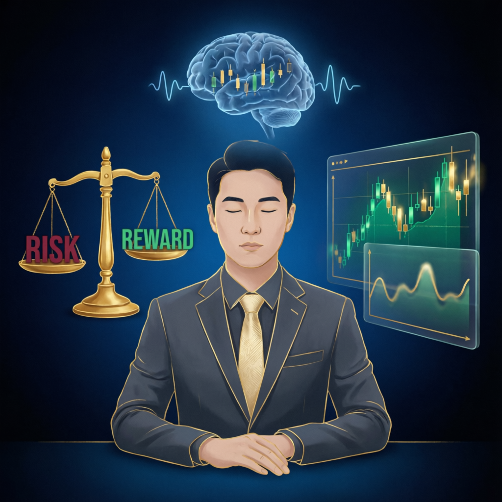 Trading psychology illustration showing risk reward balance and emotional control