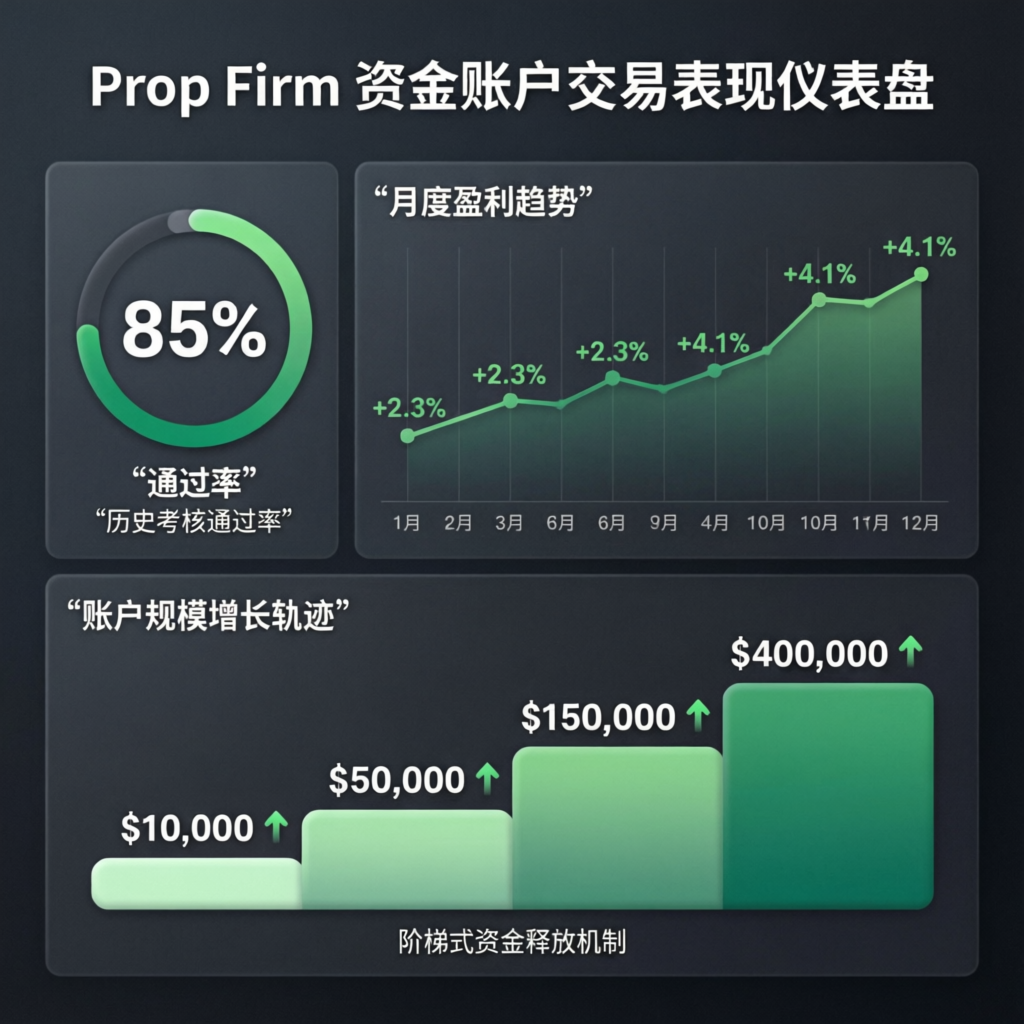Prop Firm funded account trading performance dashboard showing 85% pass rate and profit growth