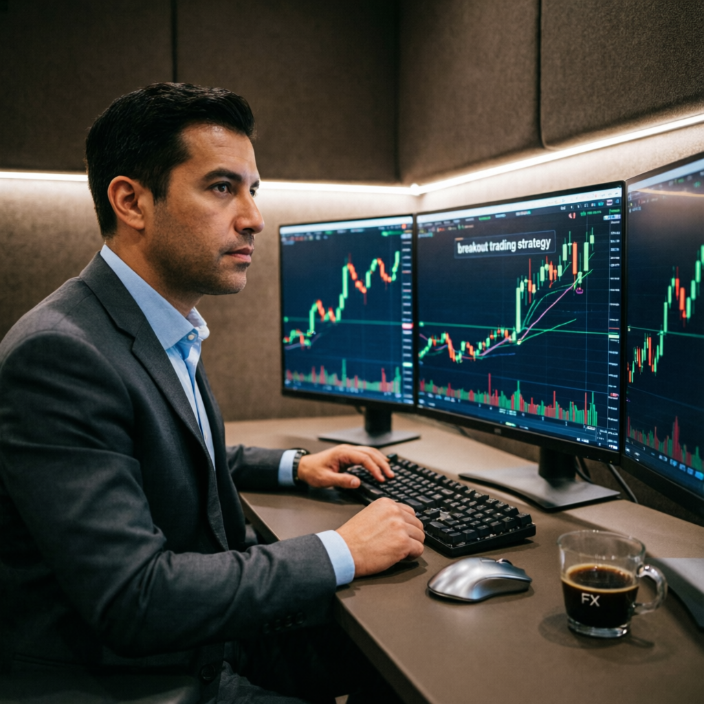Professional trader analyzing breakout trading strategy patterns on multiple monitors