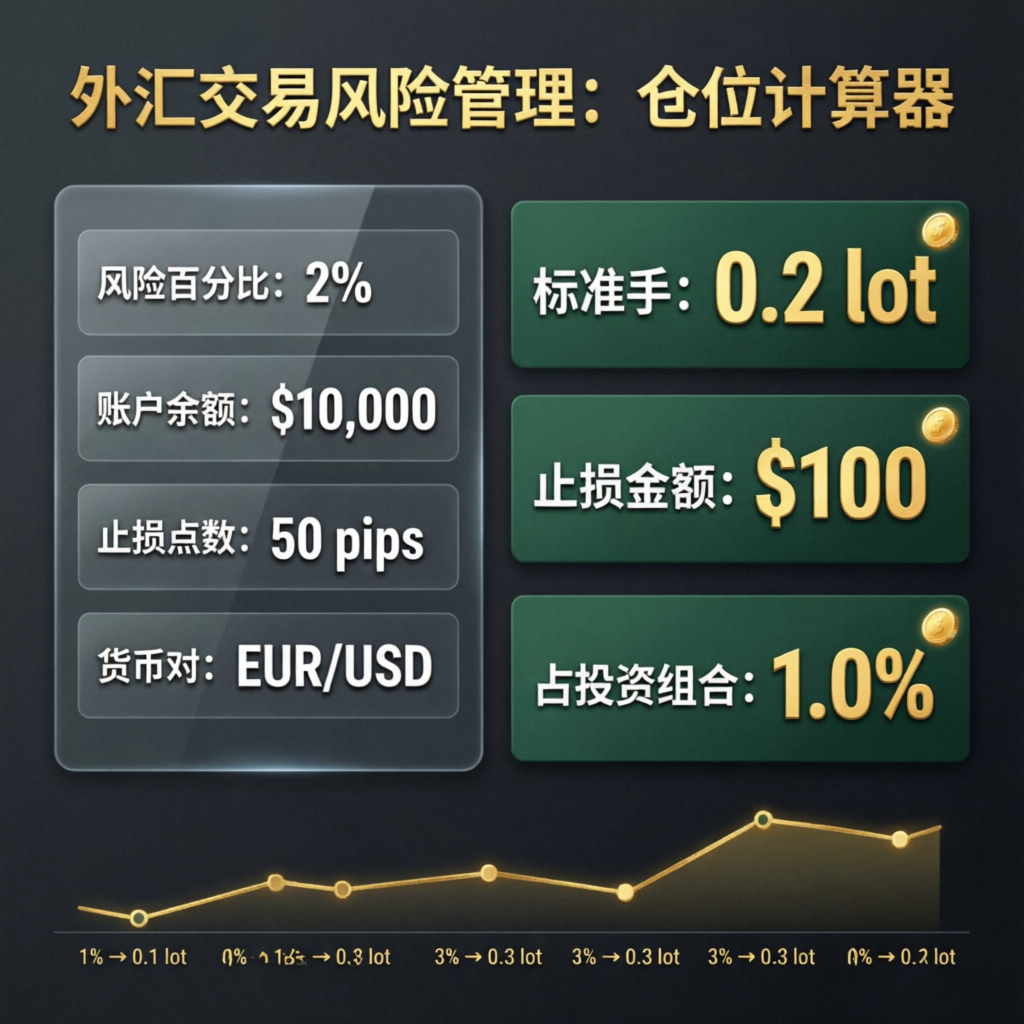 Risk management infographic showing position sizing calculator for forex trading