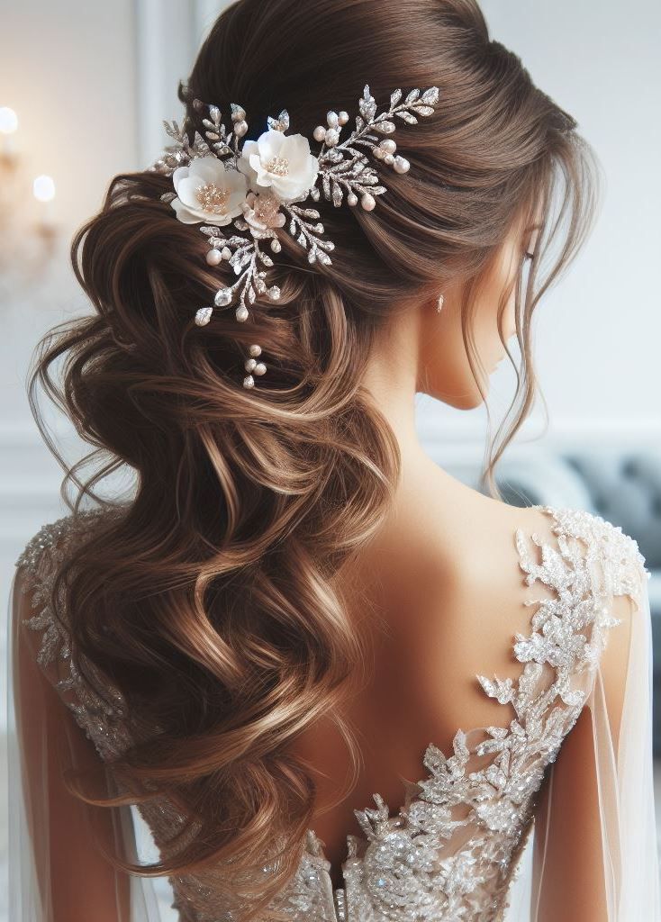 Sculpted bridal updo with pearl and blossom accessories