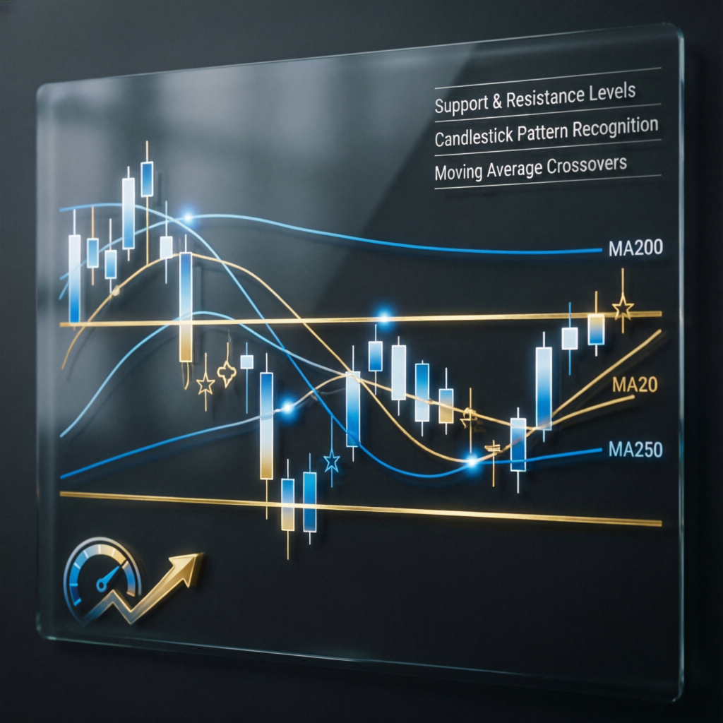 Technical analysis chart with support resistance levels and moving averages for Topstep trading
