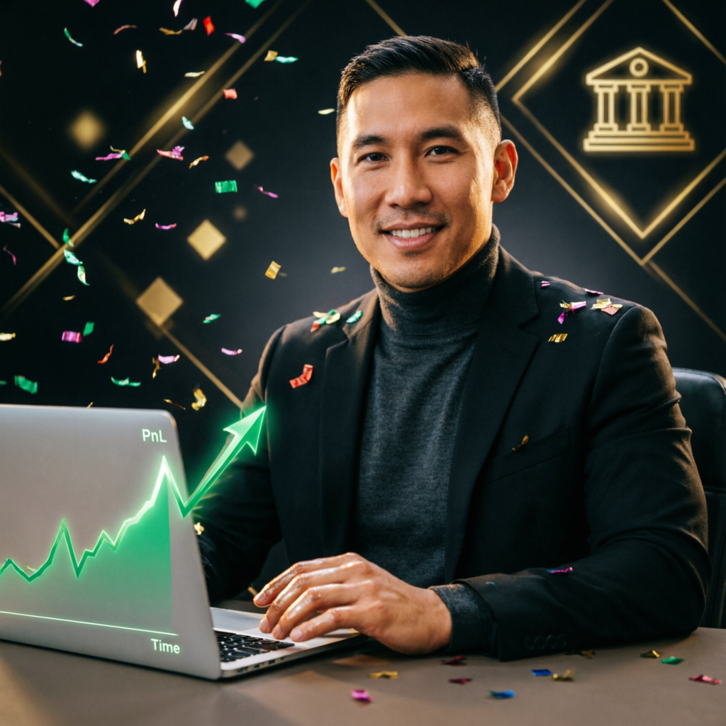 Funded trader celebrating Topstep account success with profit chart