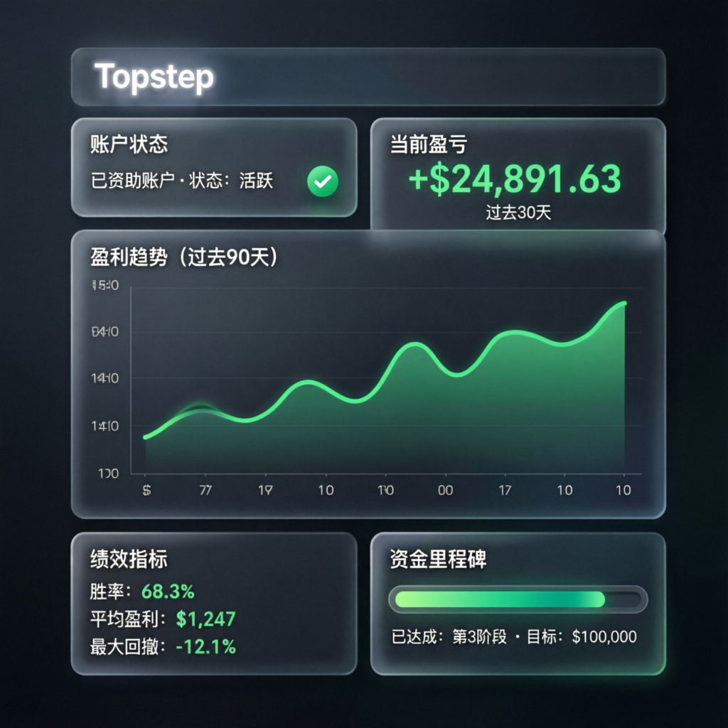 Topstep funded account dashboard showing profit metrics and performance indicators