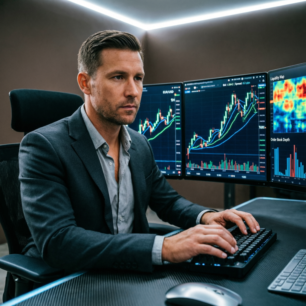Professional forex trader analyzing Topstep futures charts on multiple monitors