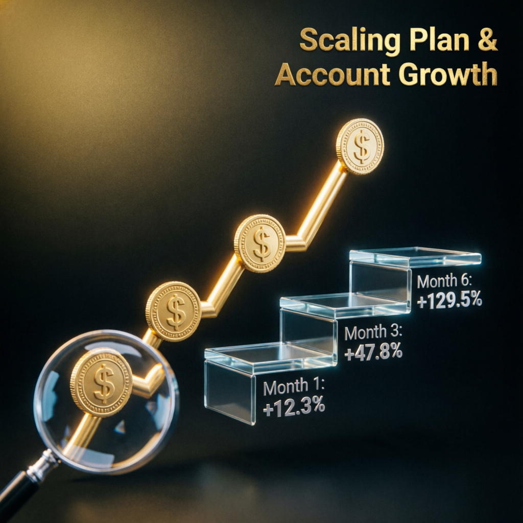 Scaling plan and account growth visualization with ascending profit chart