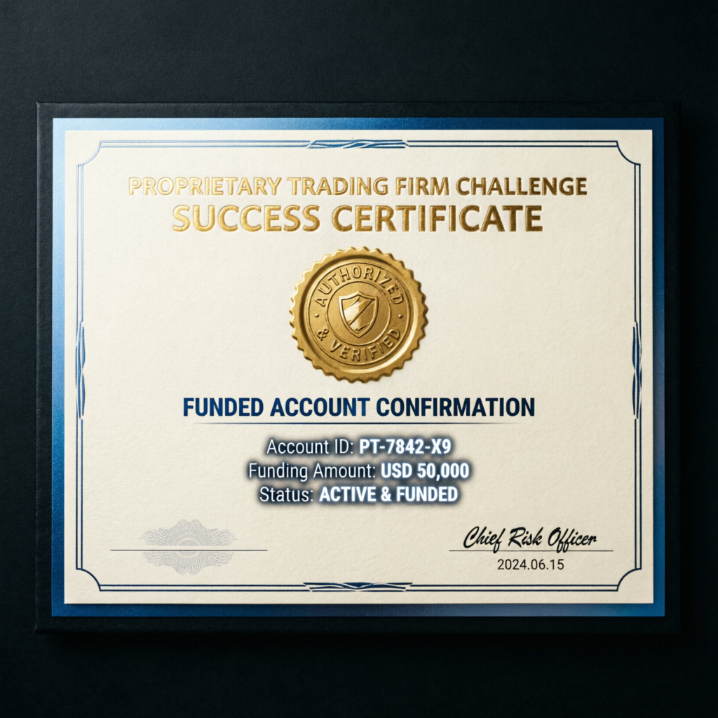 Proprietary trading firm challenge success certificate with funded account confirmation