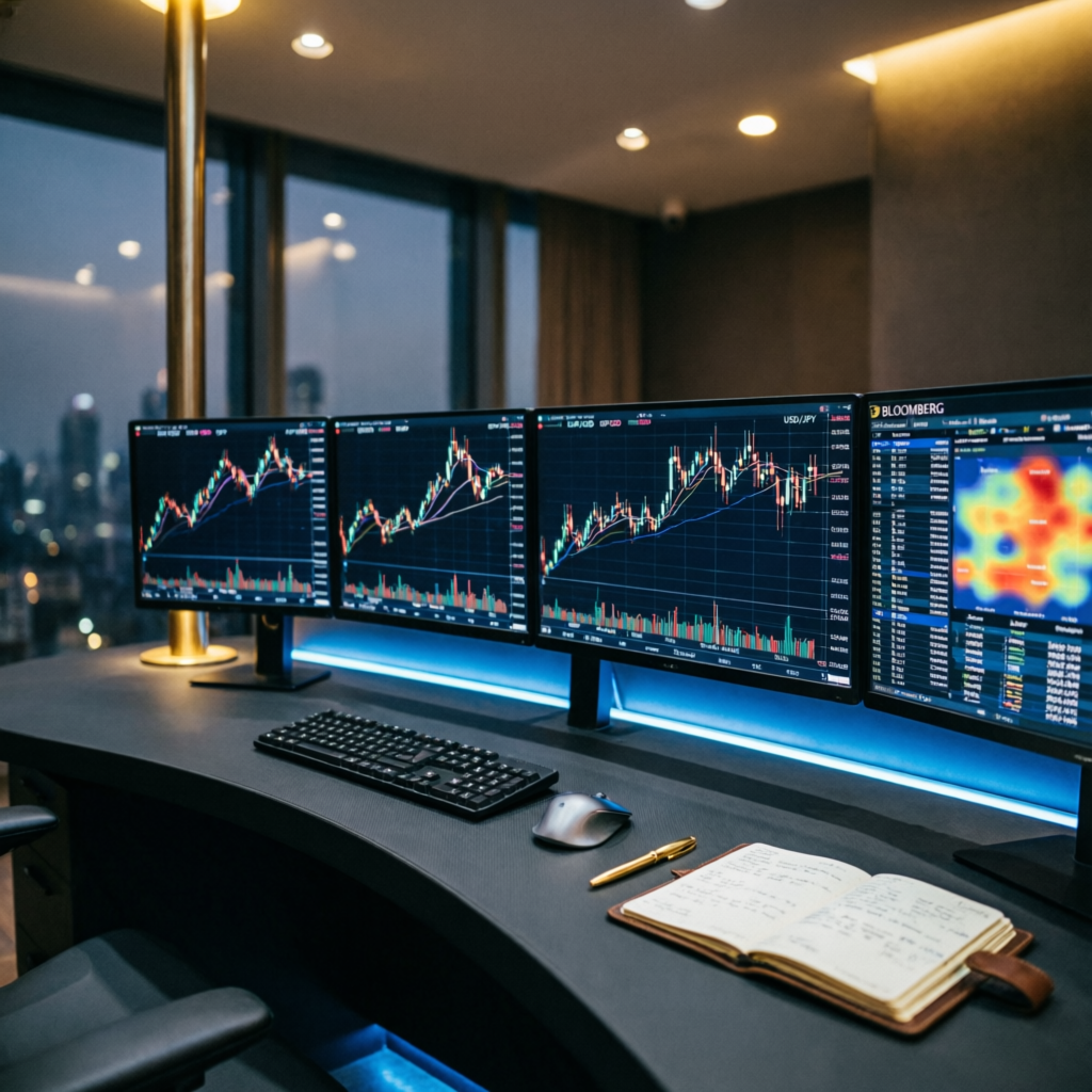 Premium trading desk setup with multiple monitors showing forex charts