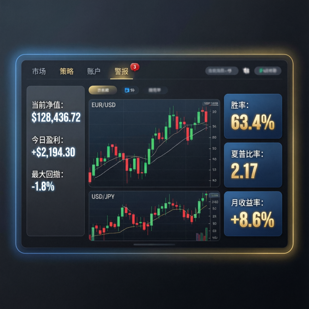 Professional trading dashboard showing live forex charts and profit metrics