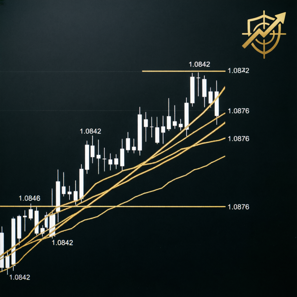 Professional forex candlestick chart with golden trend lines and technical analysis
