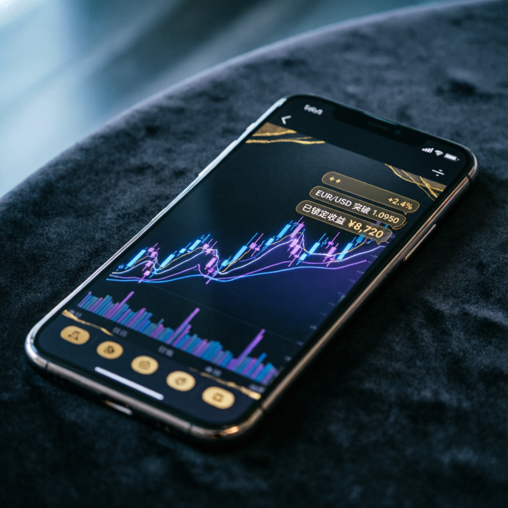 Mobile phone displaying forex trading app with profit notifications