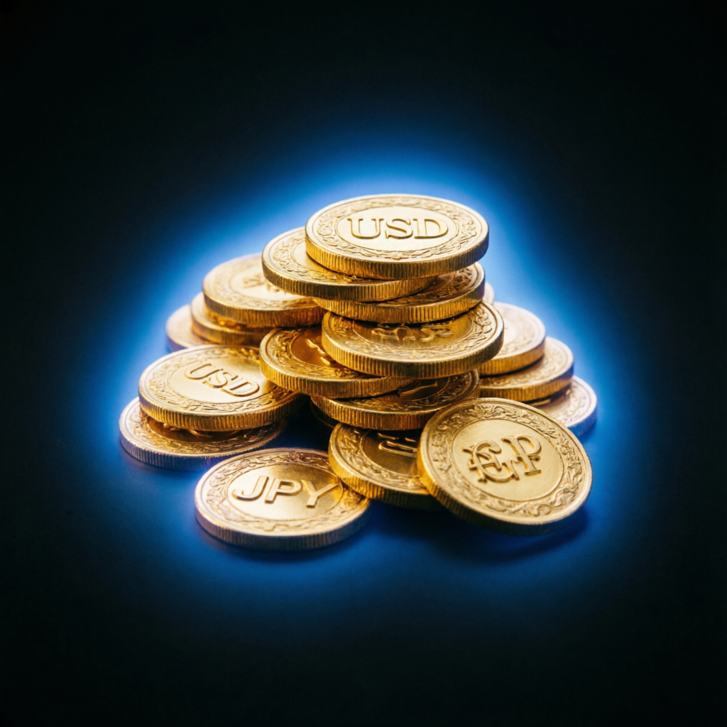 Luxury gold coins representing trading profits and funded account payouts