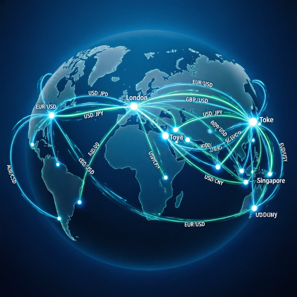 Global forex trading network connecting major financial centers worldwide