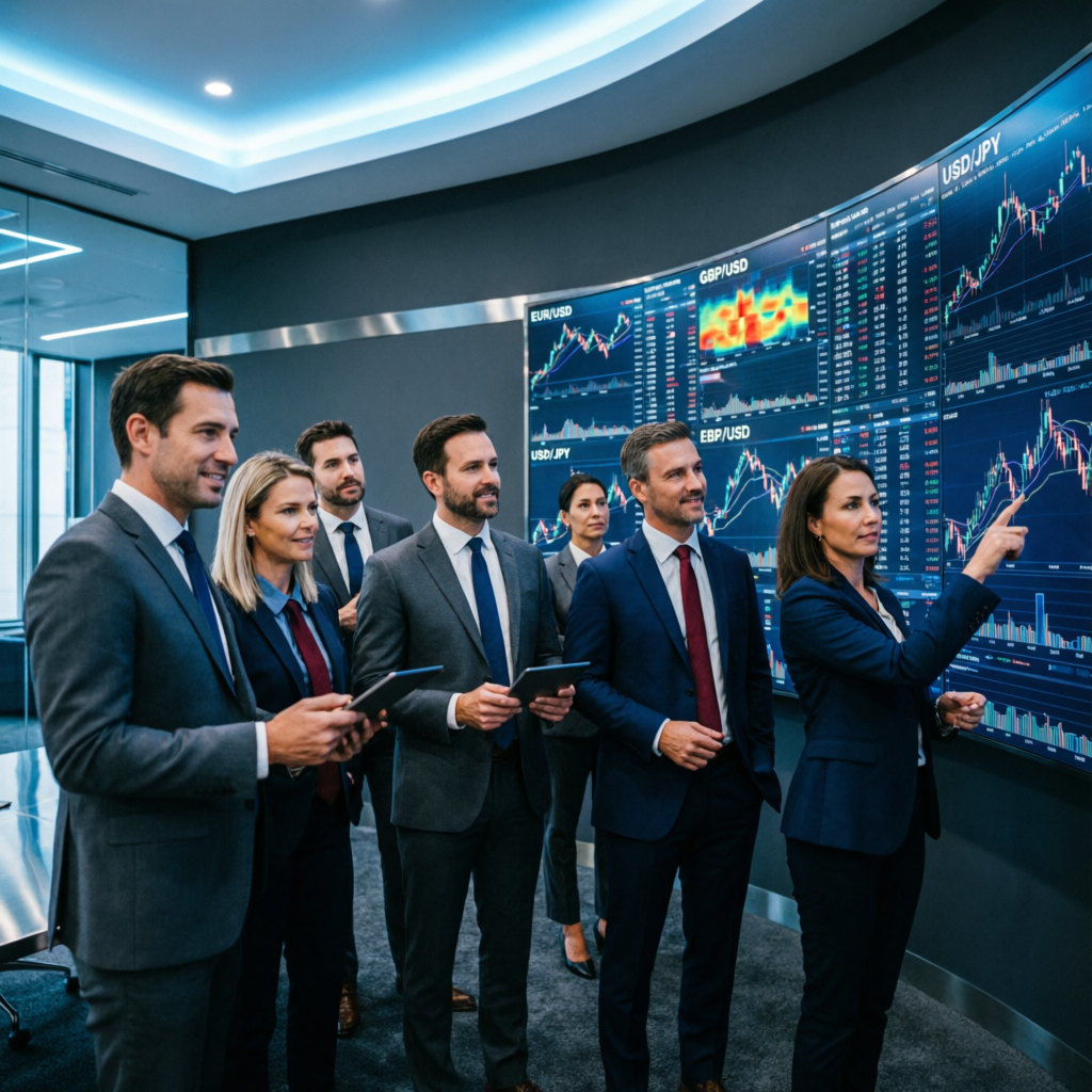 Professional trading team analyzing forex markets
