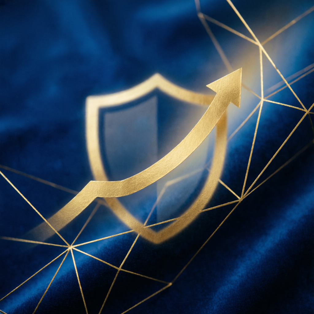 Abstract financial growth and stability background with deep blue and gold tones