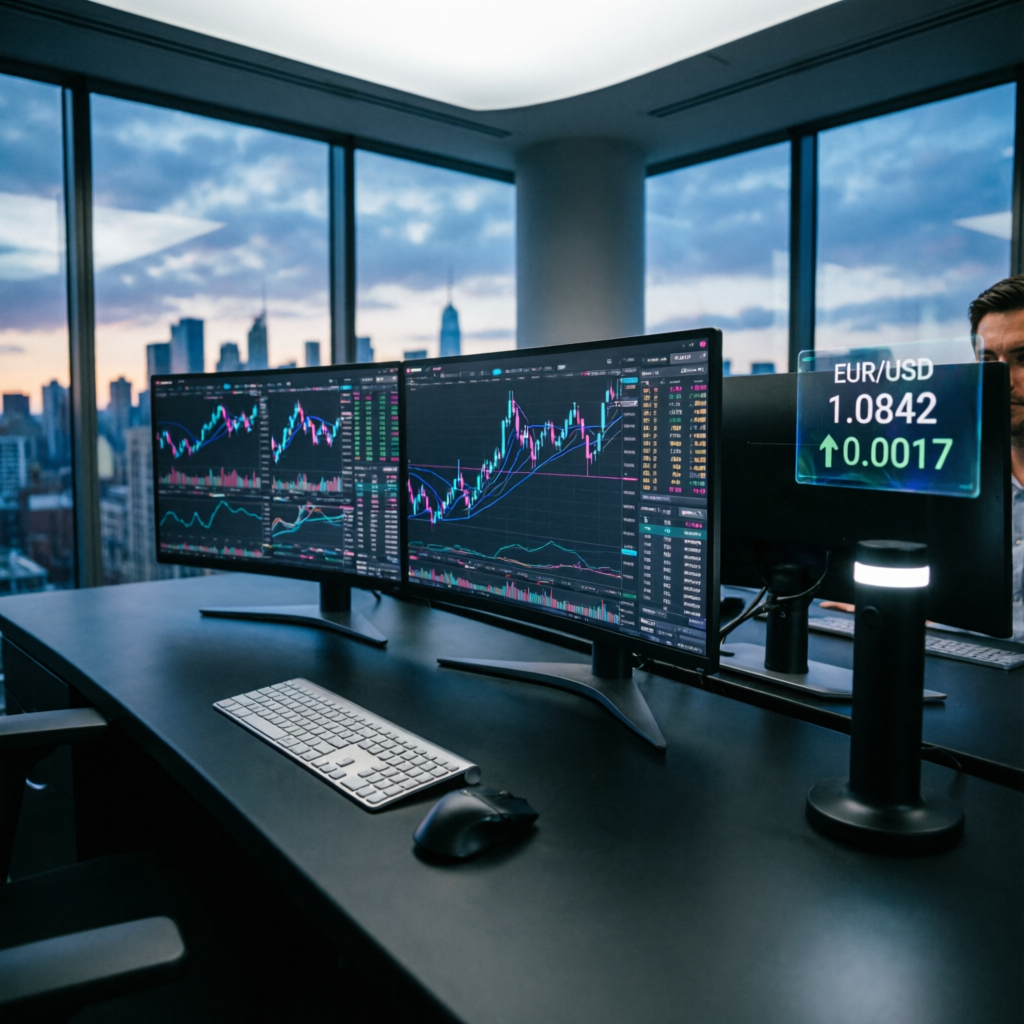 Professional forex trading desk with multiple monitors showing candlestick charts and risk management metrics