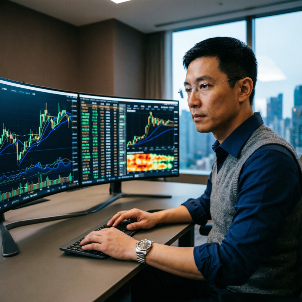 Professional trader analyzing market data with technical indicators on multiple screens